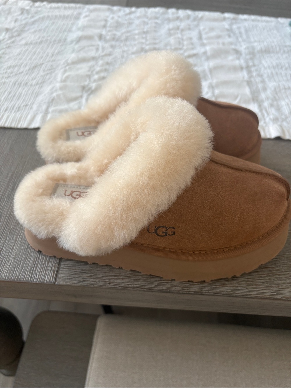 UGG Chestnut Suede Shearling-Lined Slip-On Mules with Cream Fur